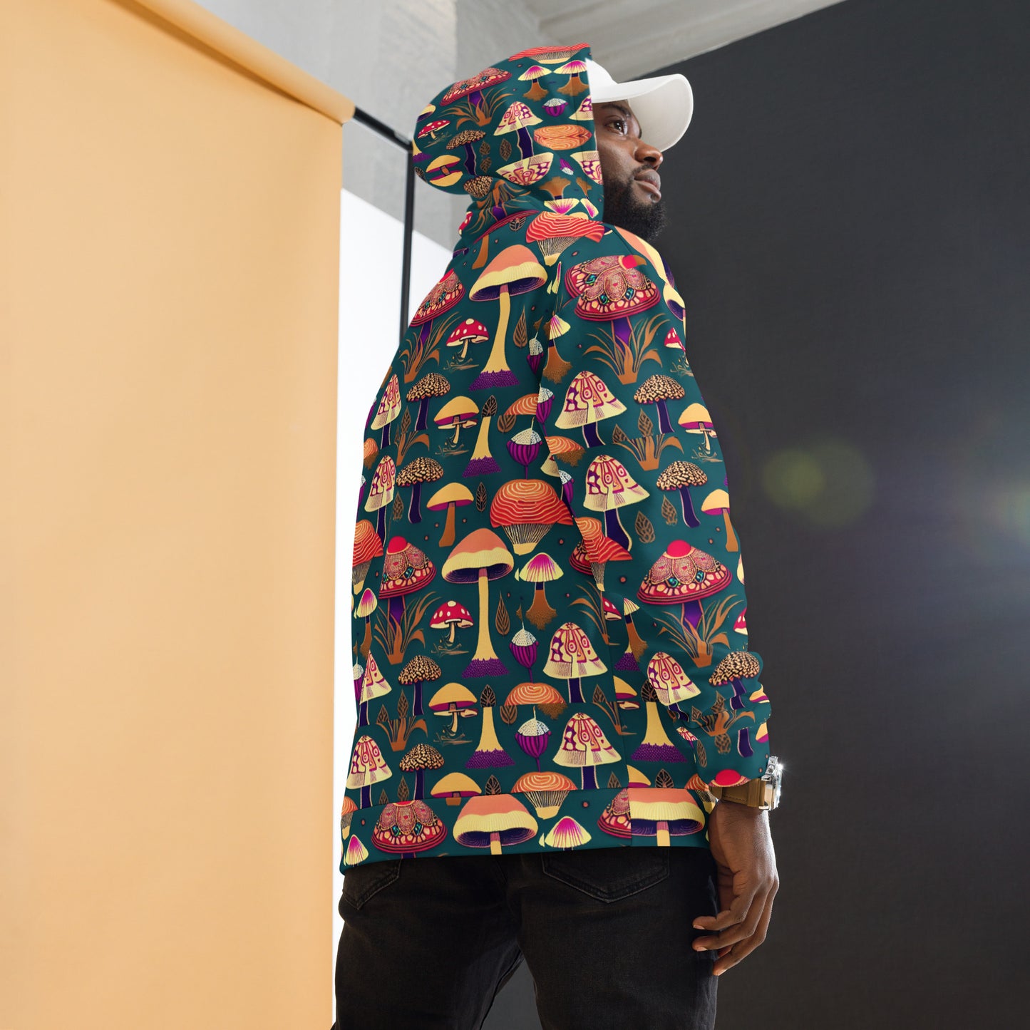 Whimsical Mushrooms on Green Men’s Hoodie