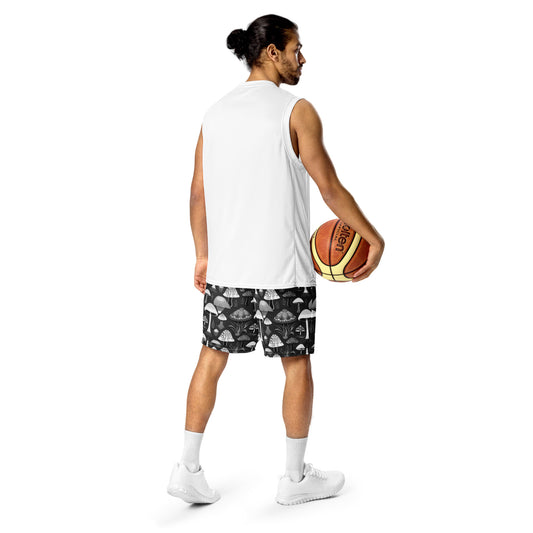 Whimsical Mushrooms in B&W Men’s mesh shorts