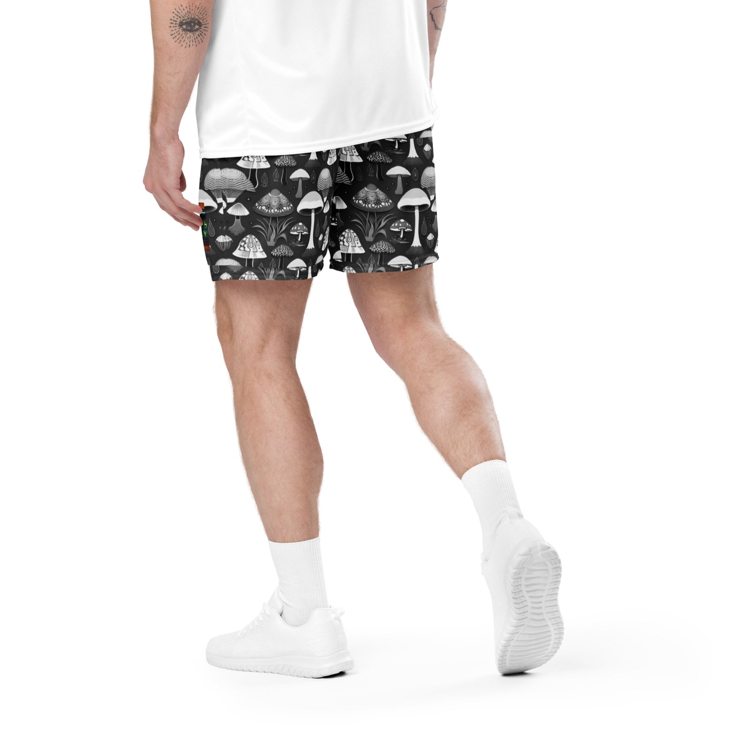 Whimsical Mushrooms in B&W Men’s mesh shorts