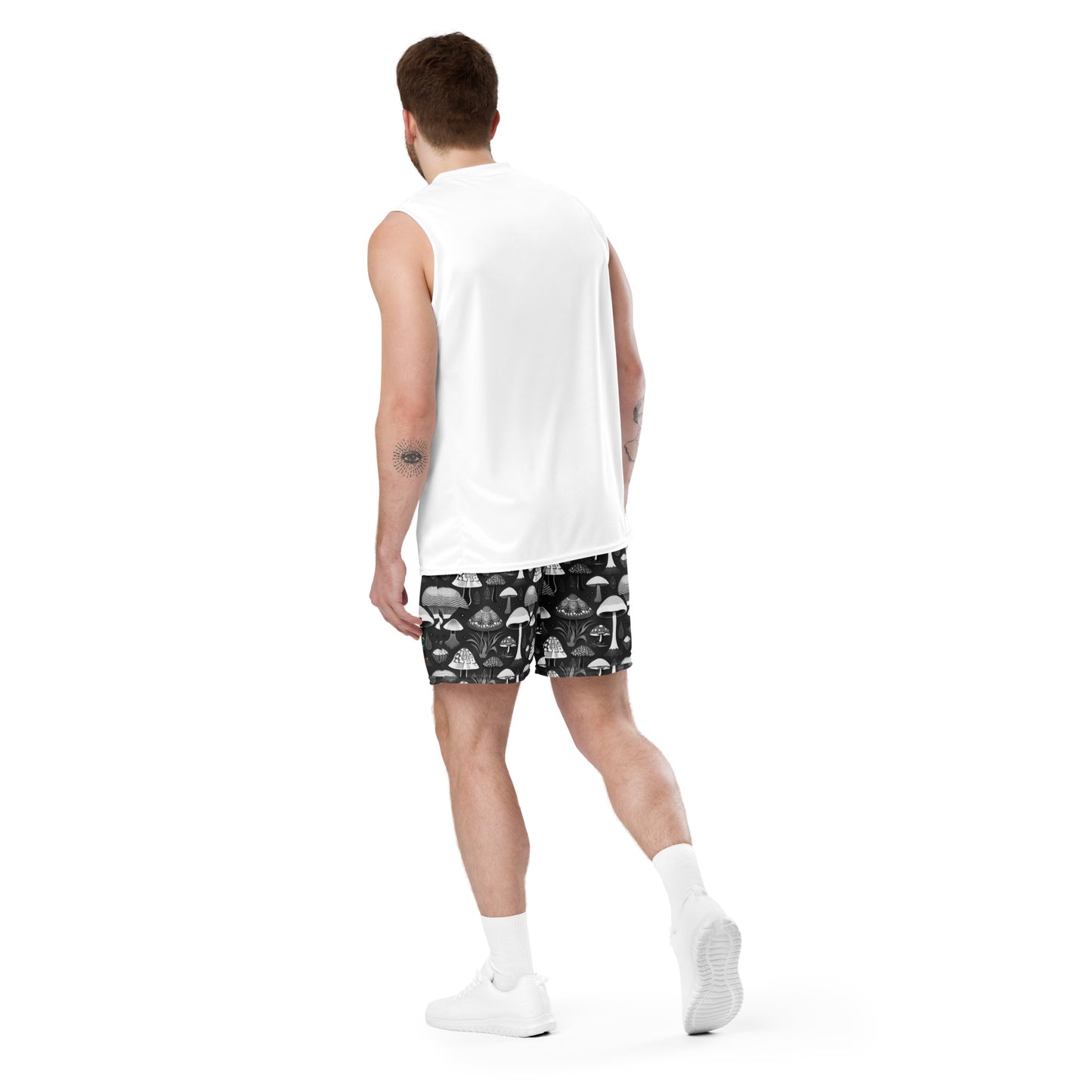 Whimsical Mushrooms in B&W Men’s mesh shorts