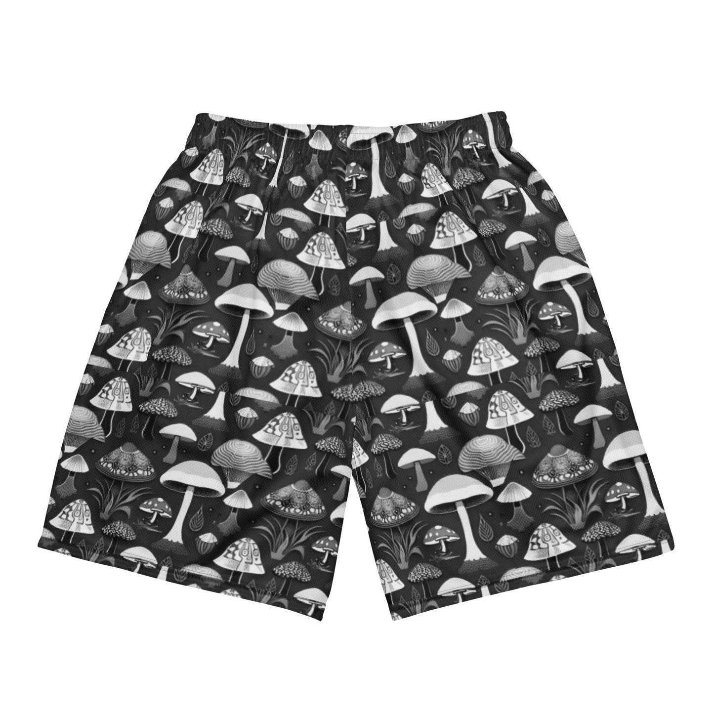 Whimsical Mushrooms in B&W Men’s mesh shorts