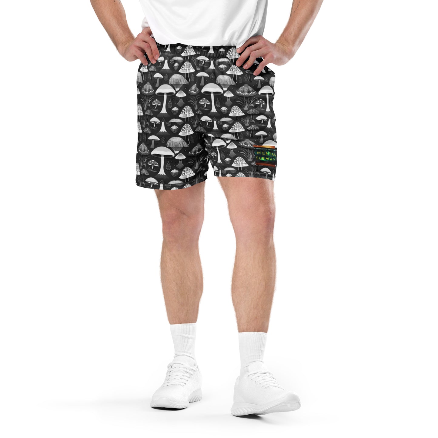 Whimsical Mushrooms in B&W Men’s mesh shorts