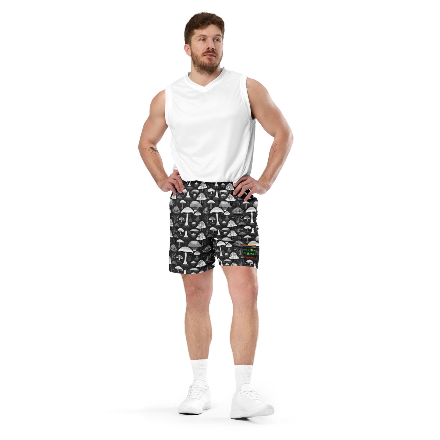 Whimsical Mushrooms in B&W Men’s mesh shorts