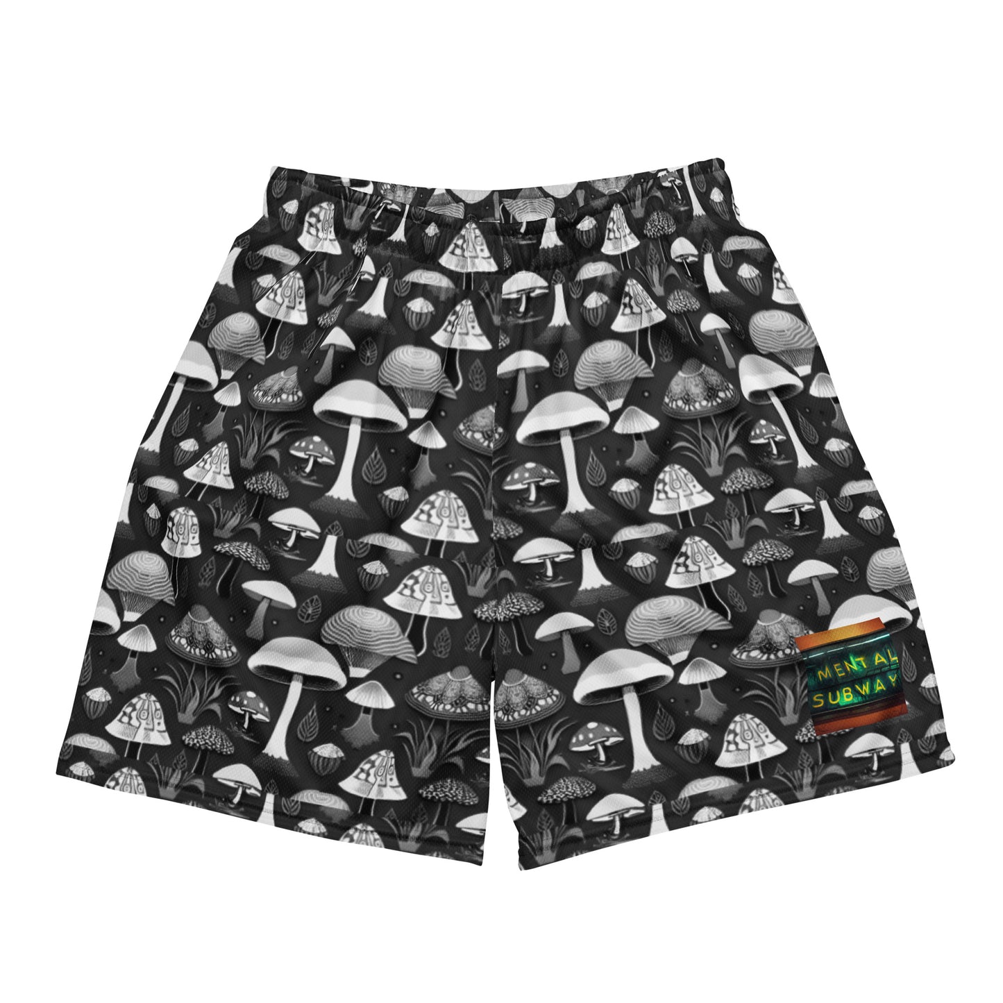 Whimsical Mushrooms in B&W Men’s mesh shorts