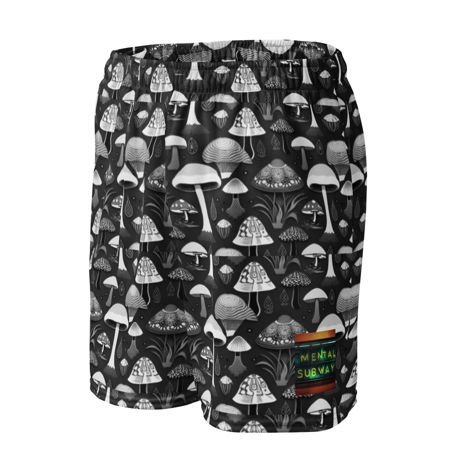 Whimsical Mushrooms in B&W Men’s mesh shorts