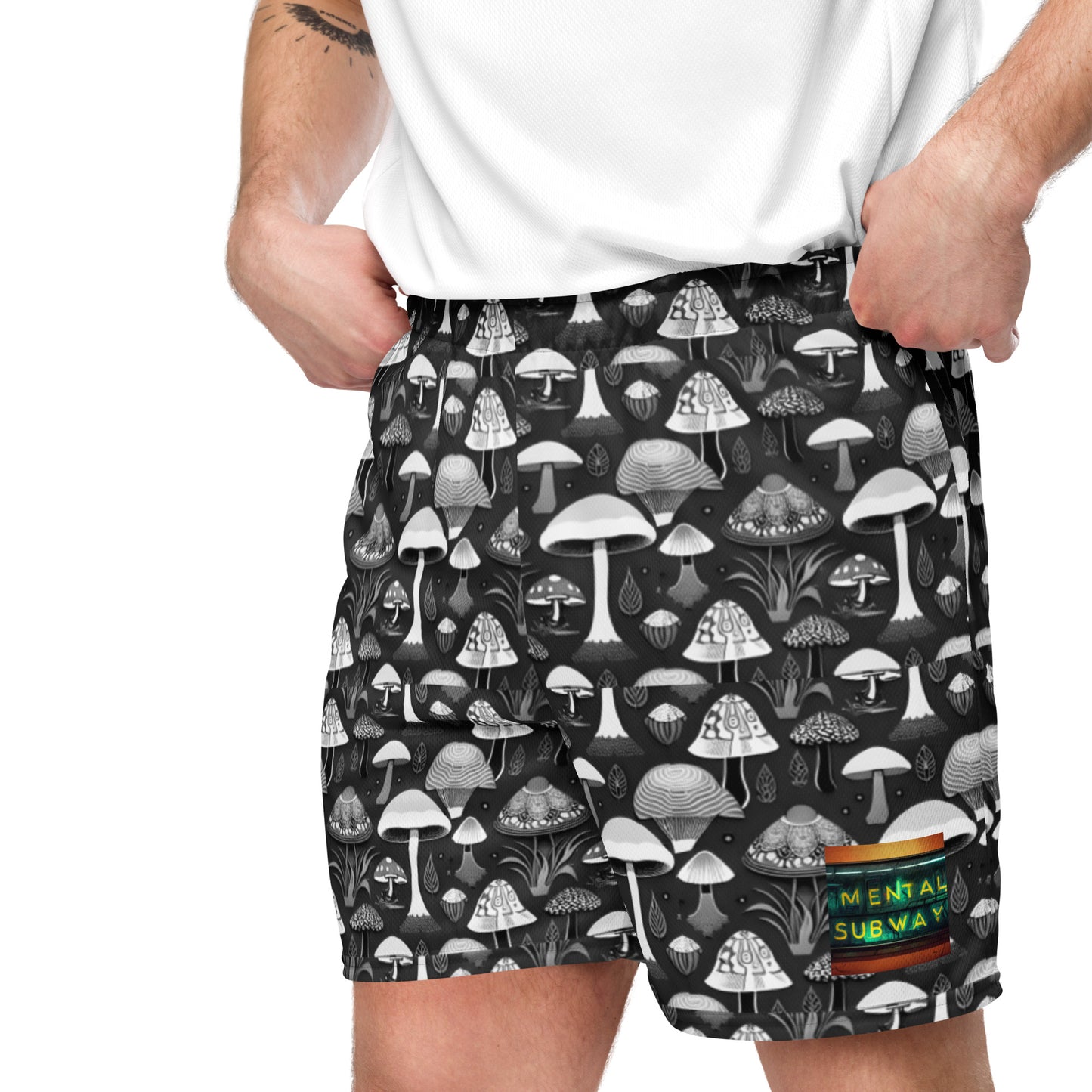 Whimsical Mushrooms in B&W Men’s mesh shorts