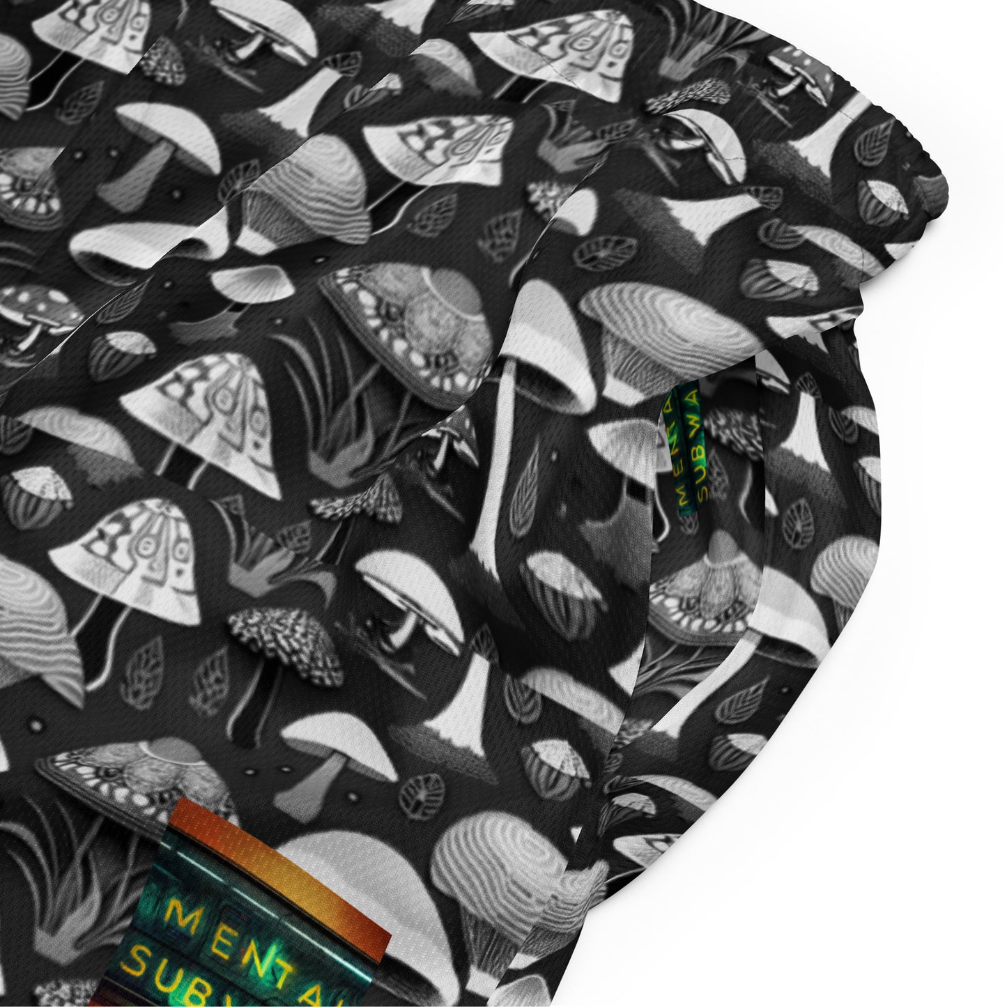 Whimsical Mushrooms in B&W Men’s mesh shorts