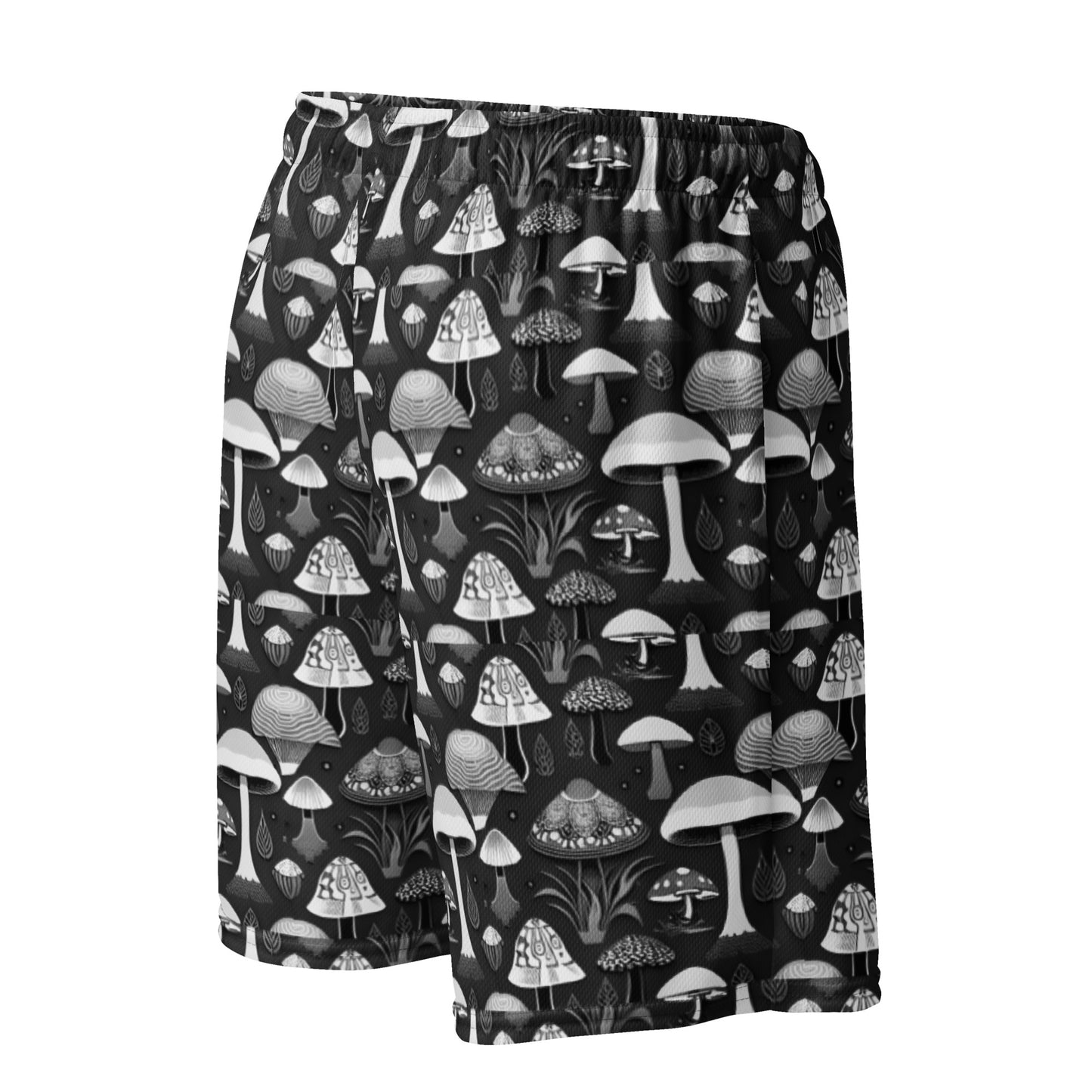 Whimsical Mushrooms in B&W Men’s mesh shorts