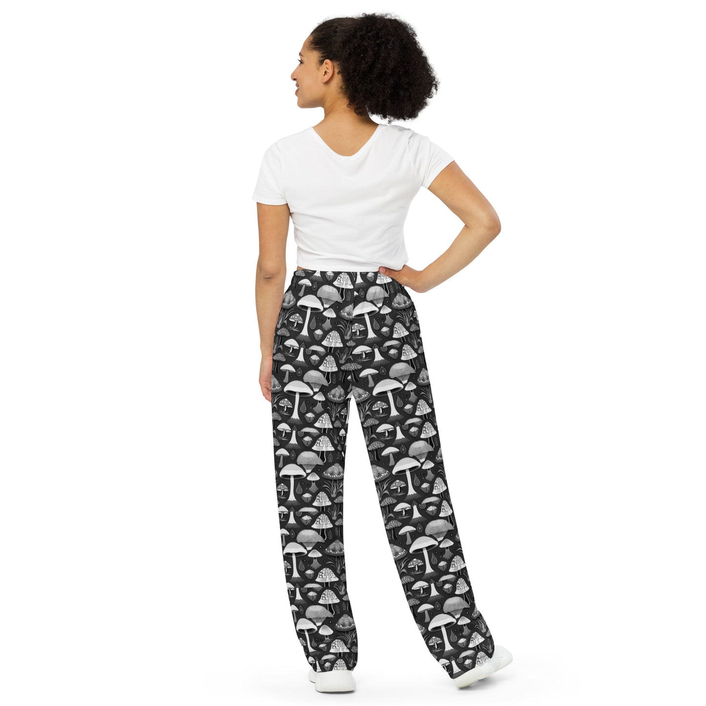 Whimsical Mushrooms in B&W Women’s wide-leg pants