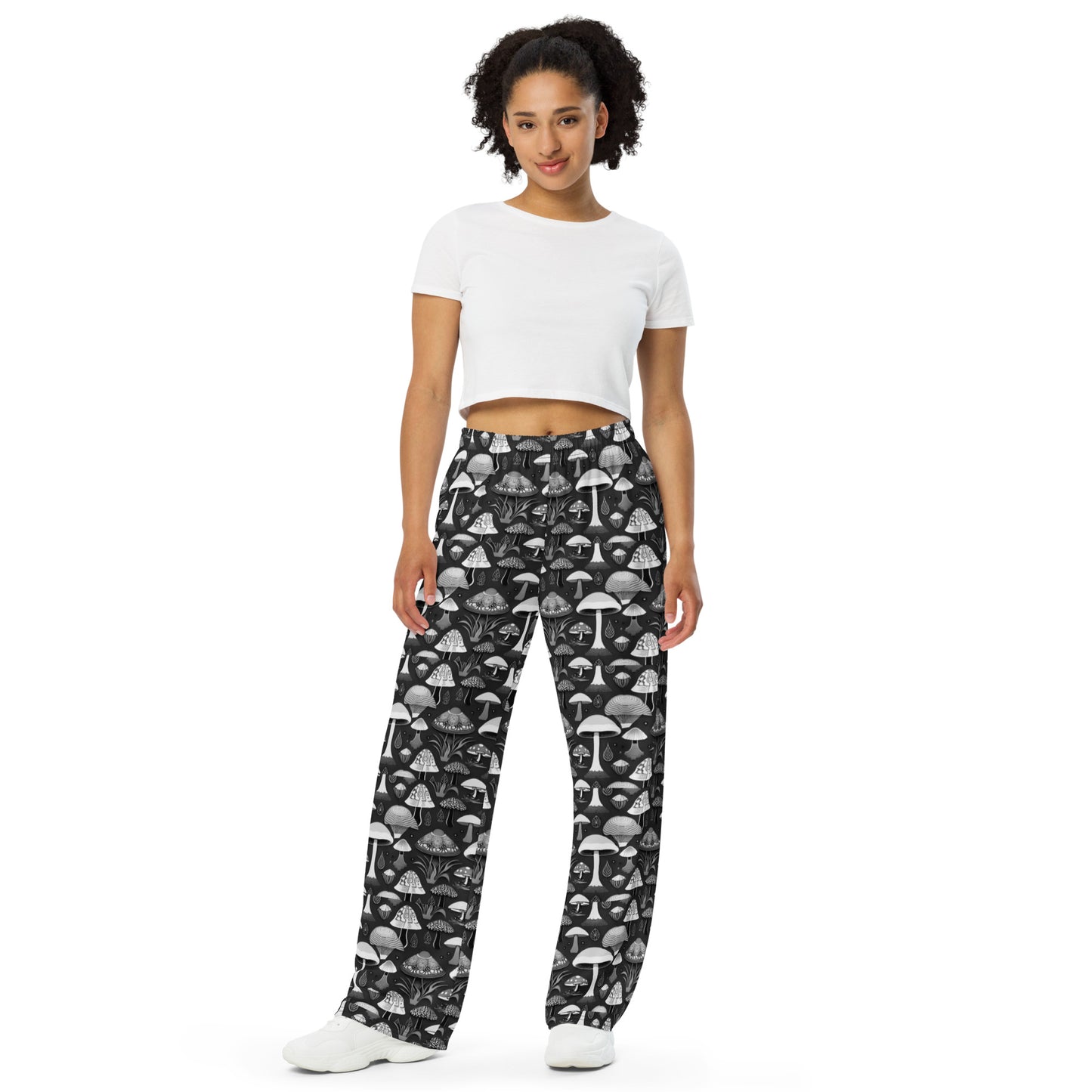 Whimsical Mushrooms in B&W Women’s wide-leg pants