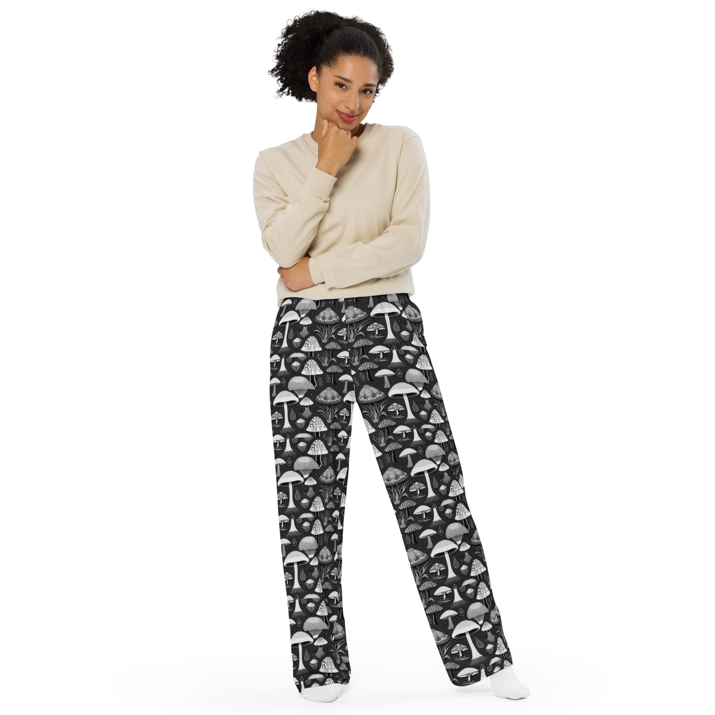 Whimsical Mushrooms in B&W Women’s wide-leg pants