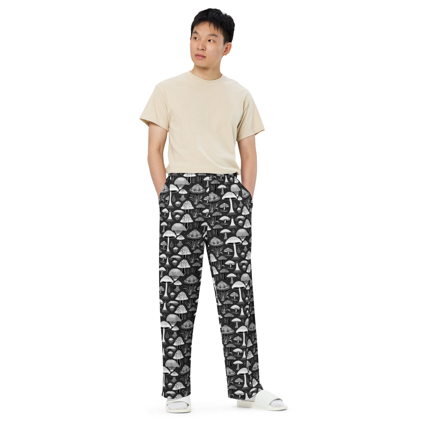 Whimsical Mushrooms B&W Men’s wide-leg pants