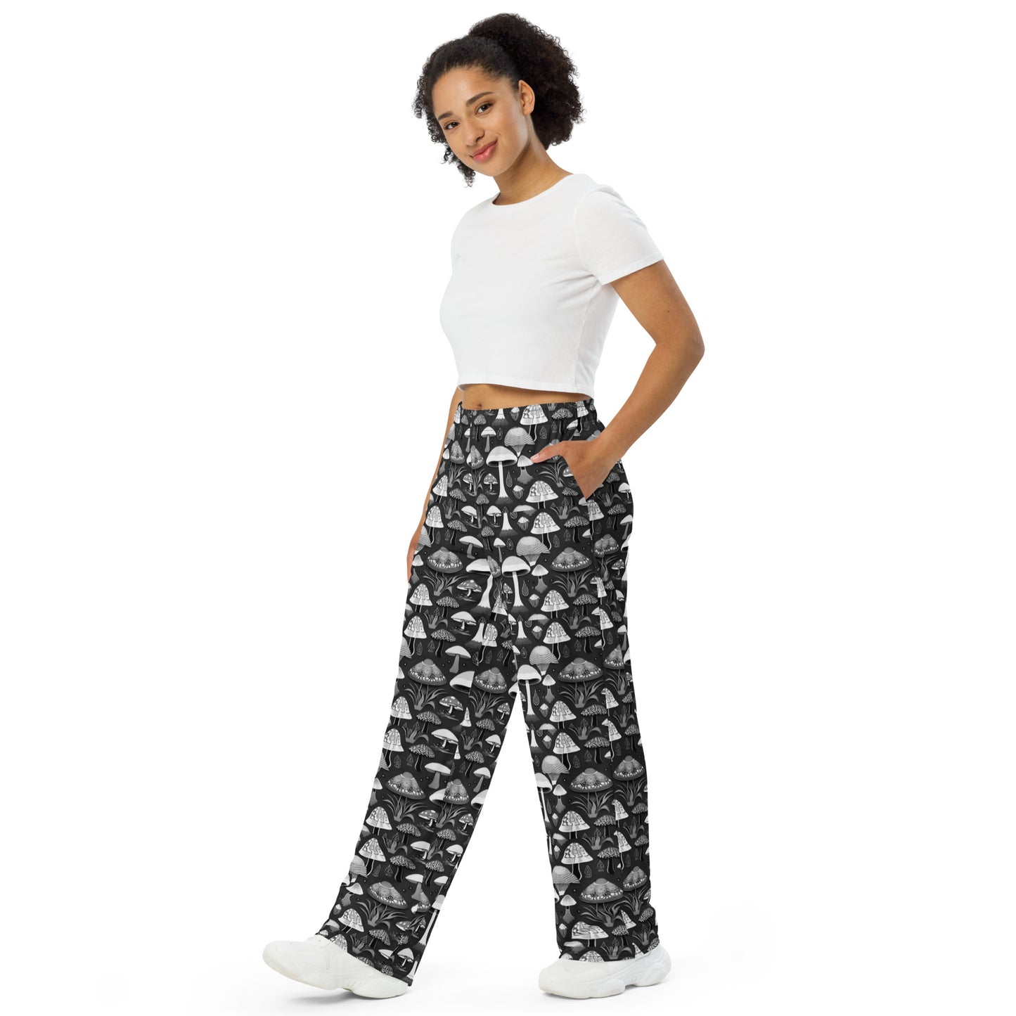 Whimsical Mushrooms in B&W Women’s wide-leg pants