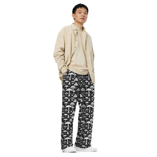 Whimsical Mushrooms B&W Men’s wide-leg pants