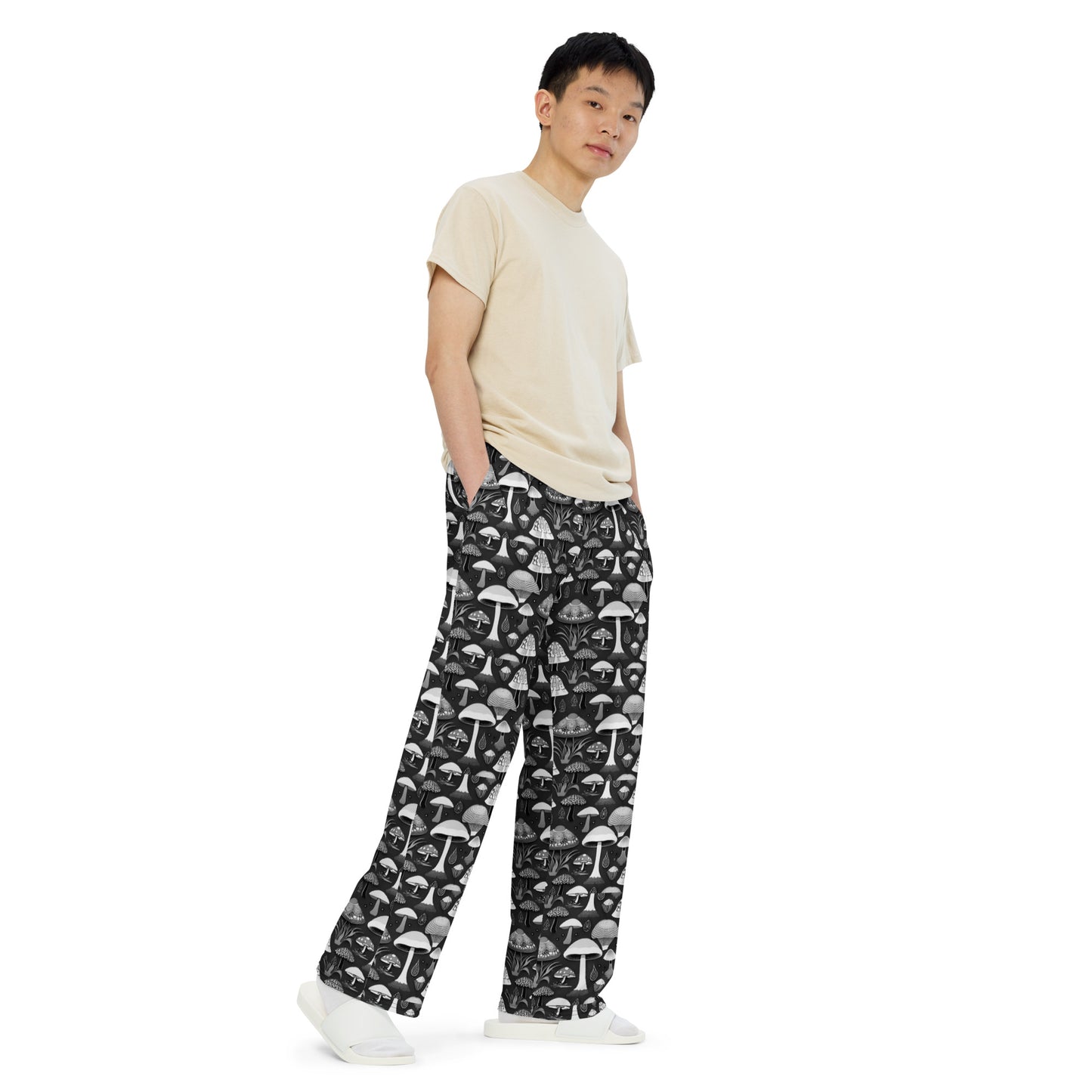 Whimsical Mushrooms B&W Men’s wide-leg pants