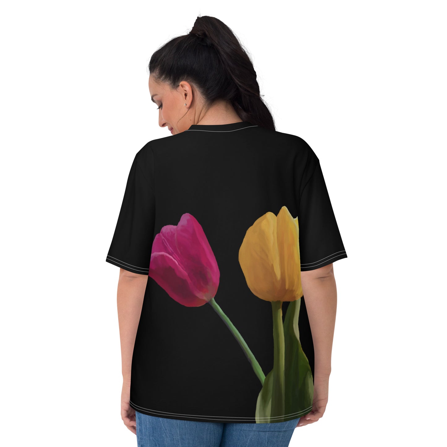 Jermita’s Pink & Yellow Tulip’s on Black Women's T-shirt