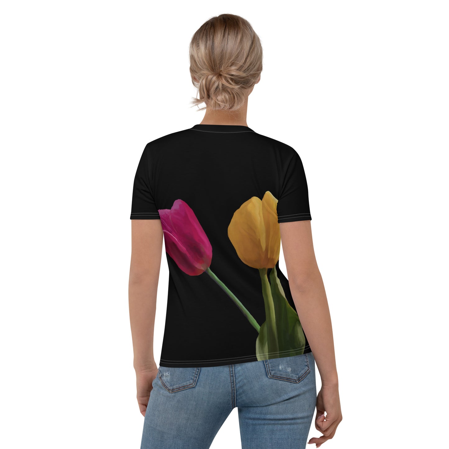 Jermita’s Pink & Yellow Tulip’s on Black Women's T-shirt