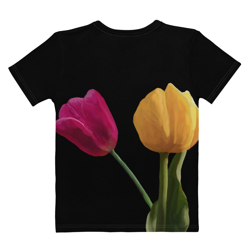 Jermita’s Pink & Yellow Tulip’s on Black Women's T-shirt