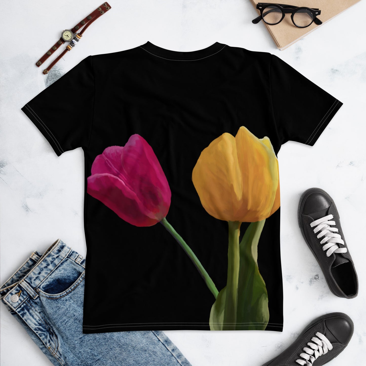 Jermita’s Pink & Yellow Tulip’s on Black Women's T-shirt