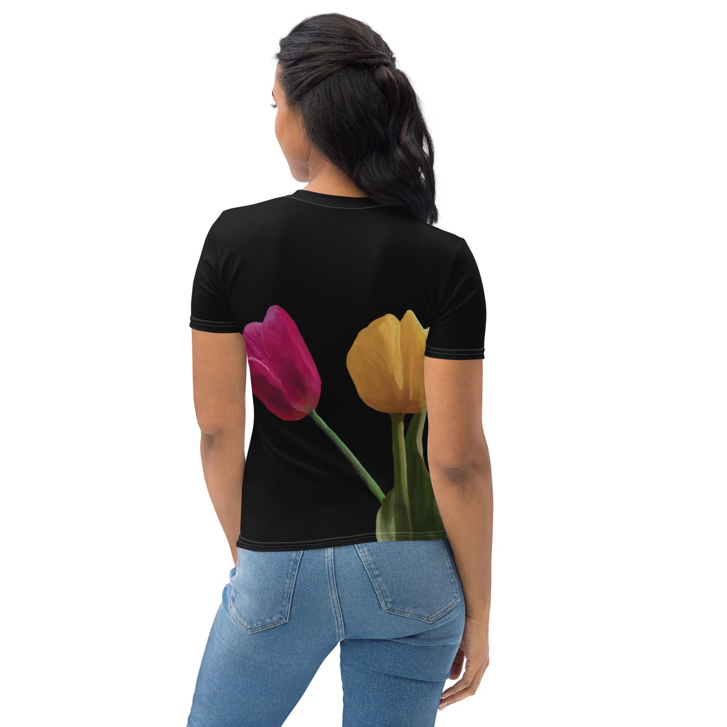 Jermita’s Pink & Yellow Tulip’s on Black Women's T-shirt