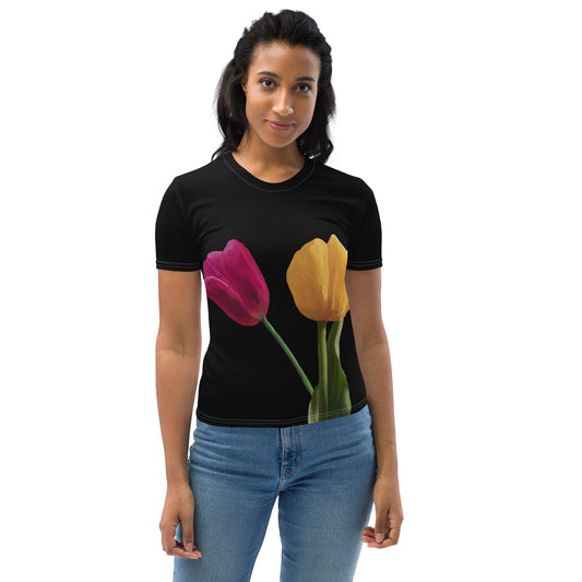 Jermita’s Pink & Yellow Tulip’s on Black Women's T-shirt