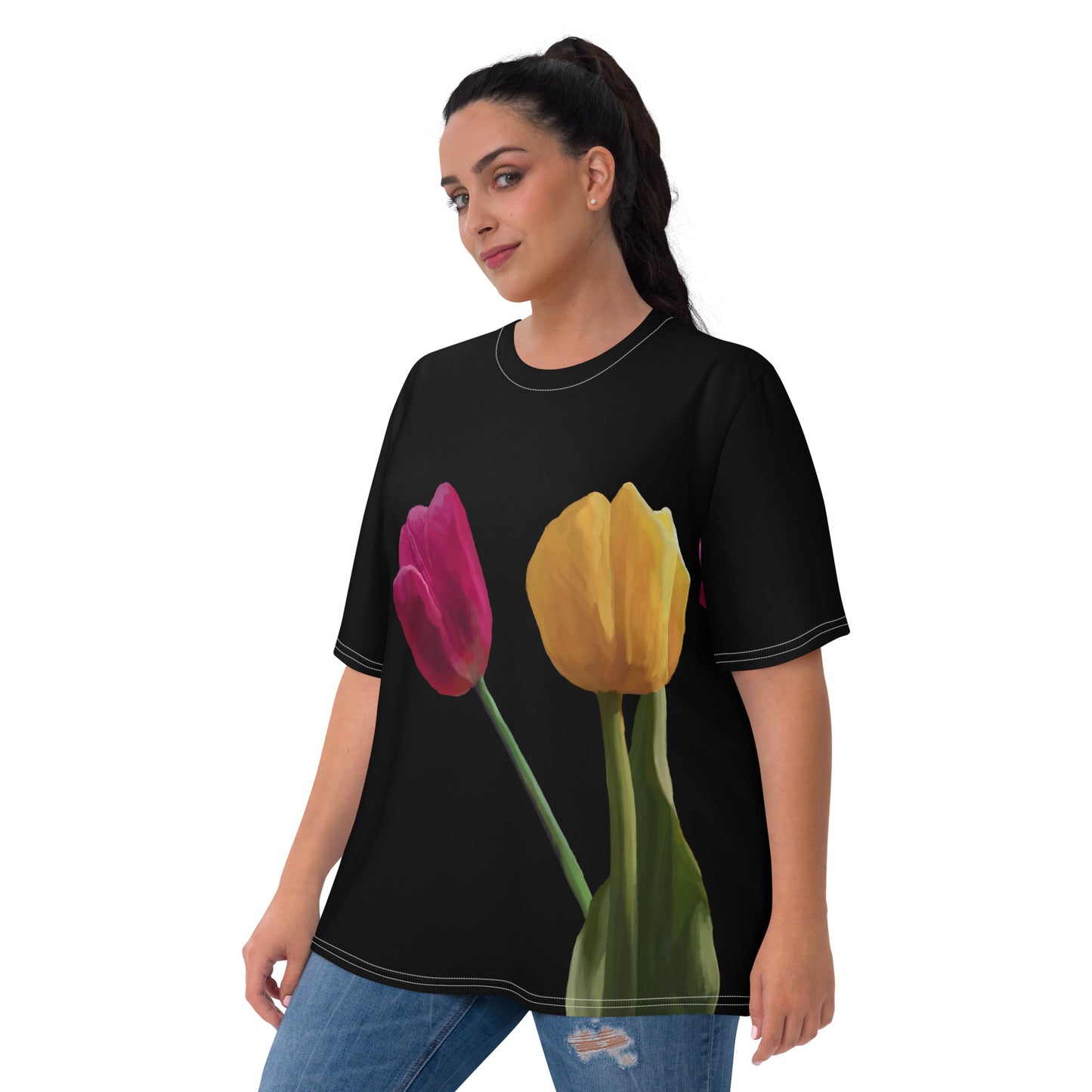 Jermita’s Pink & Yellow Tulip’s on Black Women's T-shirt