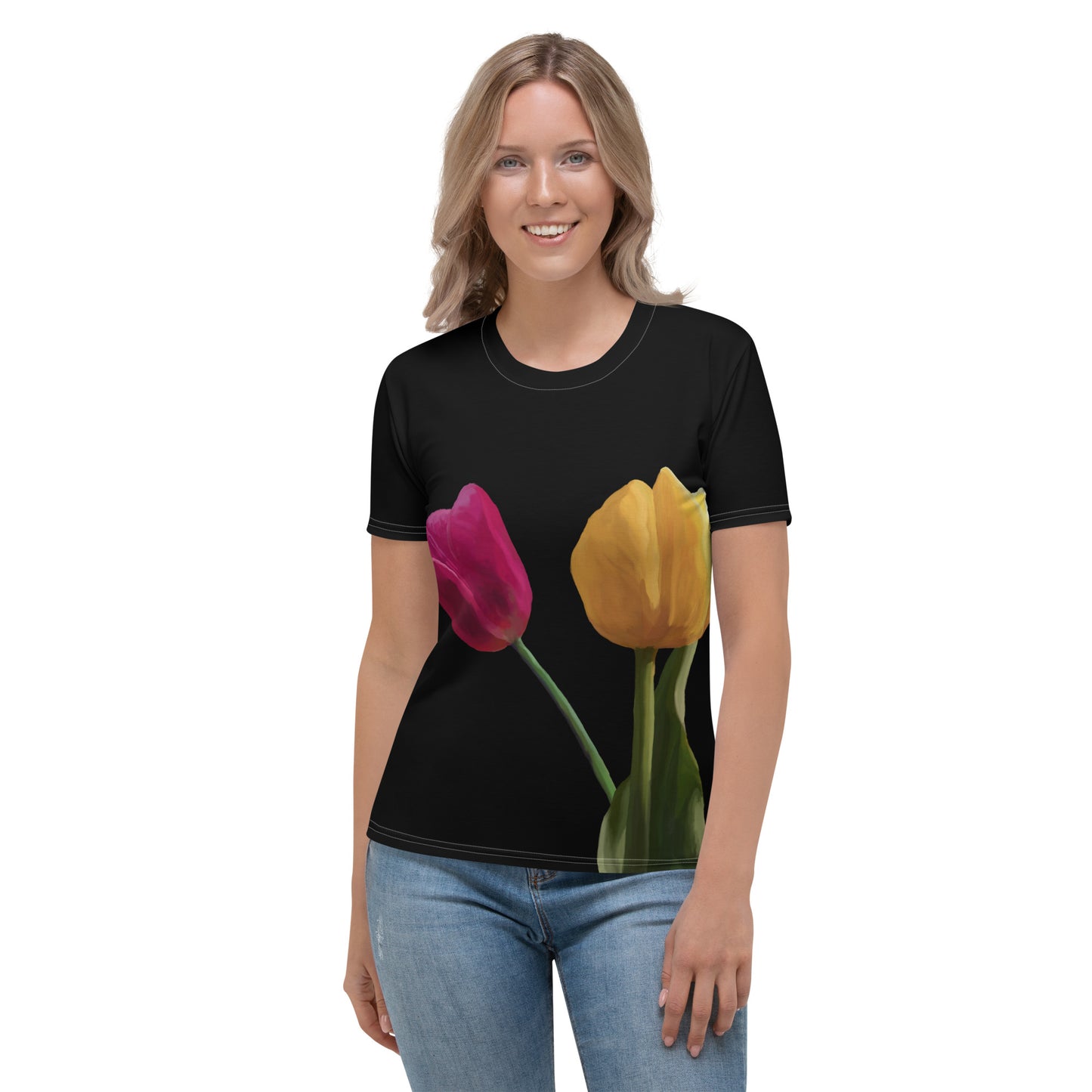 Jermita’s Pink & Yellow Tulip’s on Black Women's T-shirt