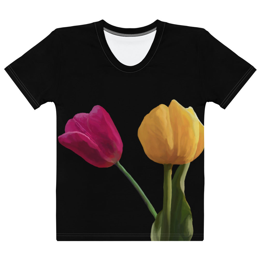 Jermita’s Pink & Yellow Tulip’s on Black Women's T-shirt