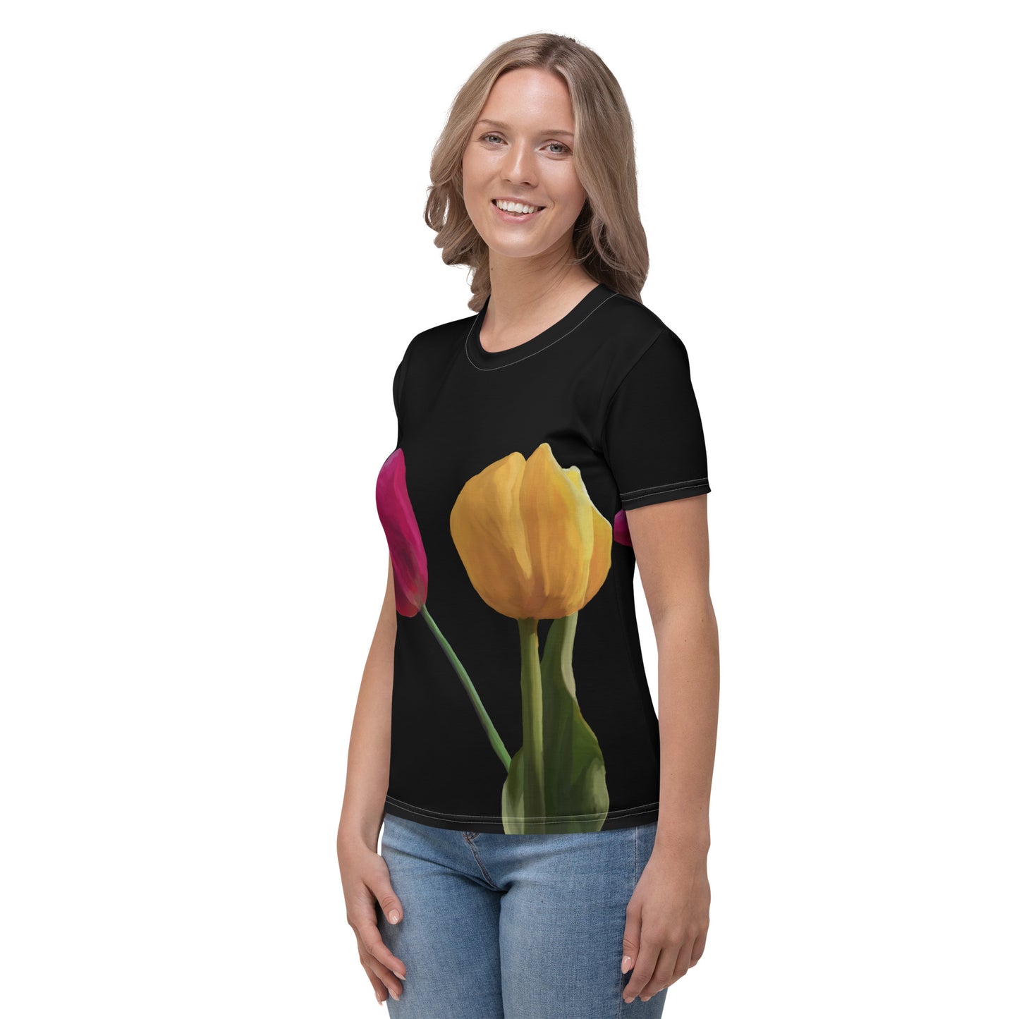 Jermita’s Pink & Yellow Tulip’s on Black Women's T-shirt