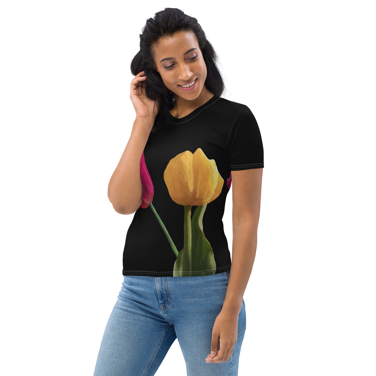 Jermita’s Pink & Yellow Tulip’s on Black Women's T-shirt