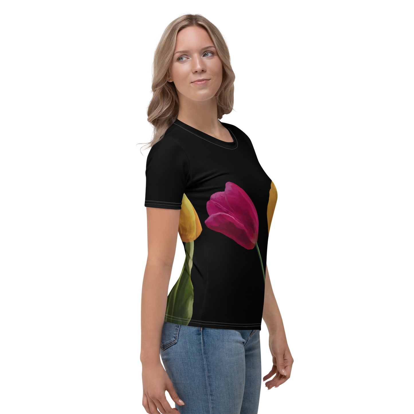 Jermita’s Pink & Yellow Tulip’s on Black Women's T-shirt