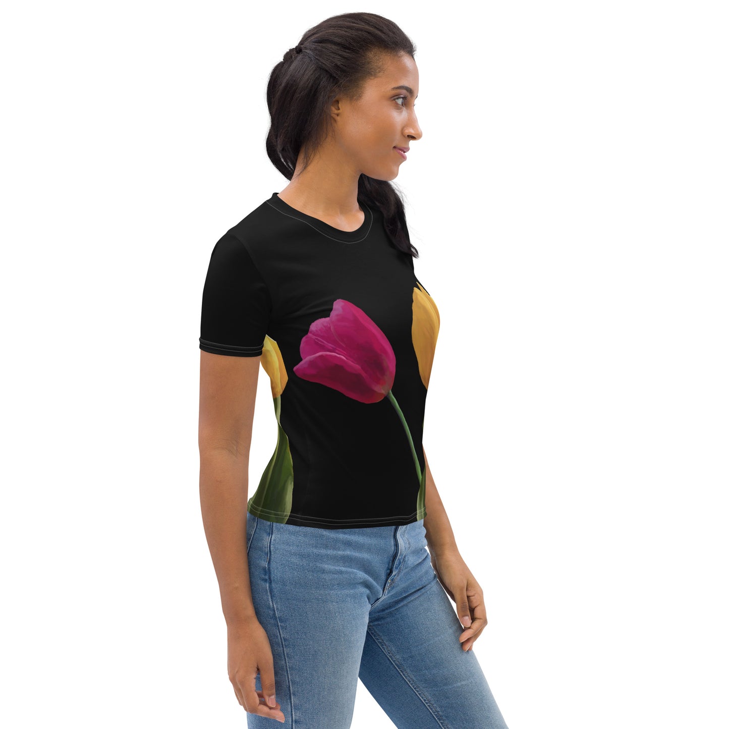 Jermita’s Pink & Yellow Tulip’s on Black Women's T-shirt