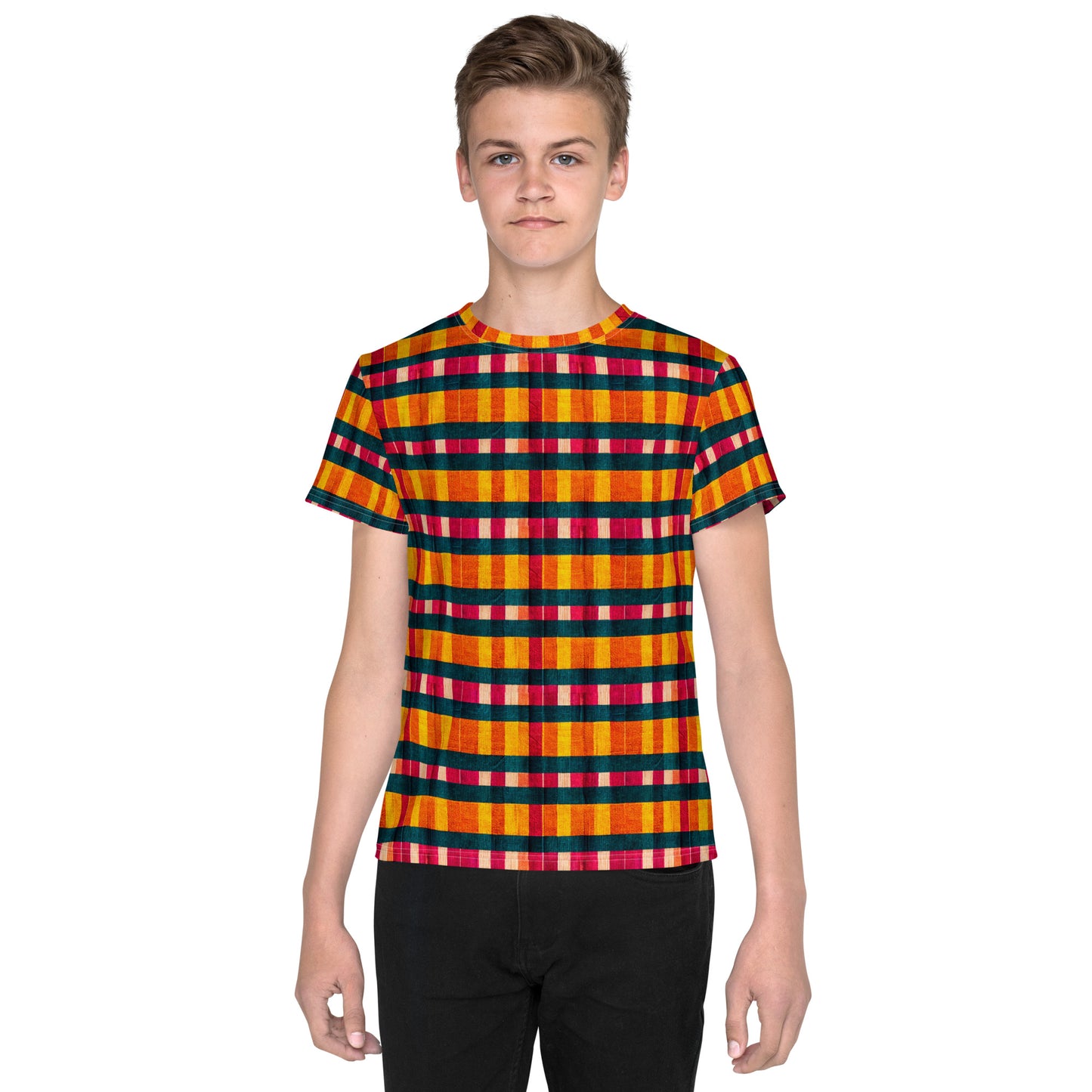 Tropical Fiesta Plaid Junior Boy’s crew neck t-shirt