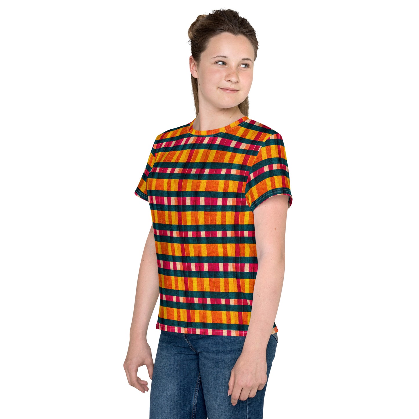 Tropical Fiesta Plaid Junior Girl’s crew neck t-shirt