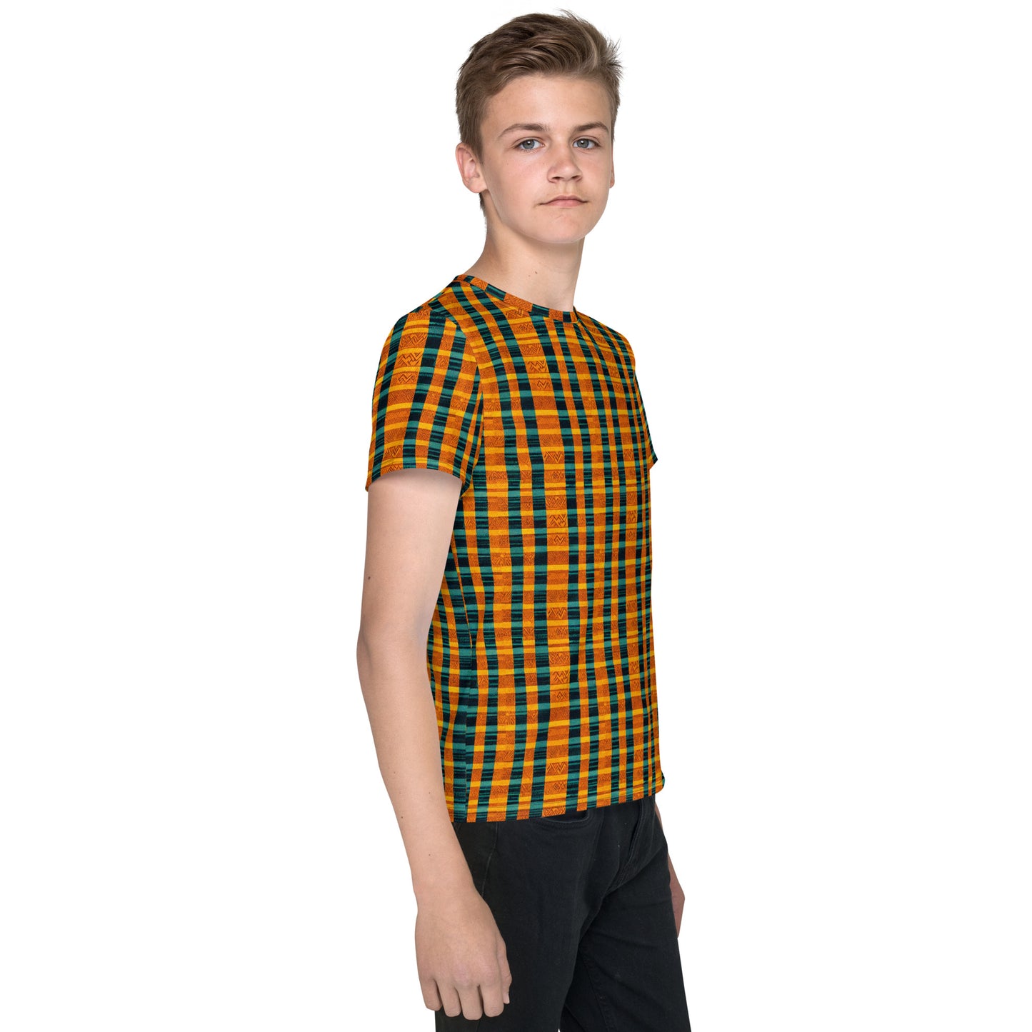 Teal & Tangerine Tapestry Junior Boy’s crew neck t-shirt