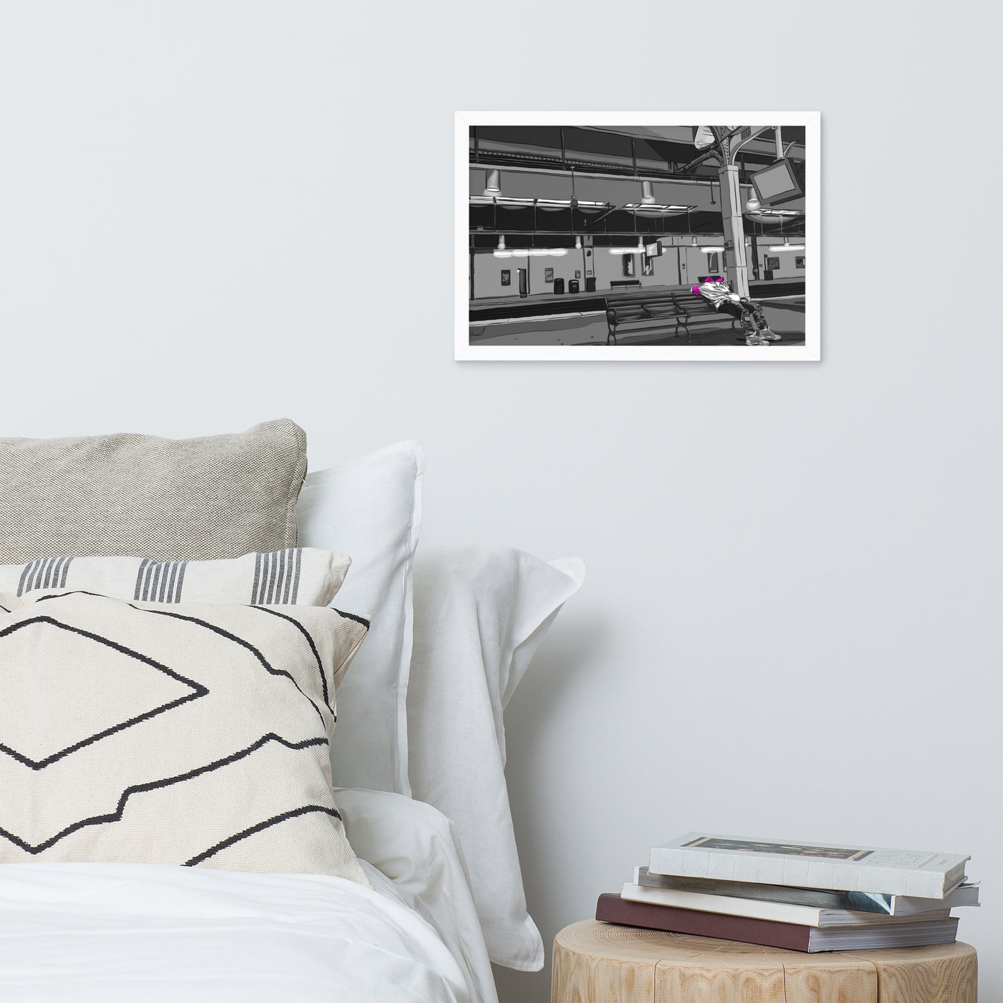 Man Sleeping on Amtrak Bench, NJ Framed poster