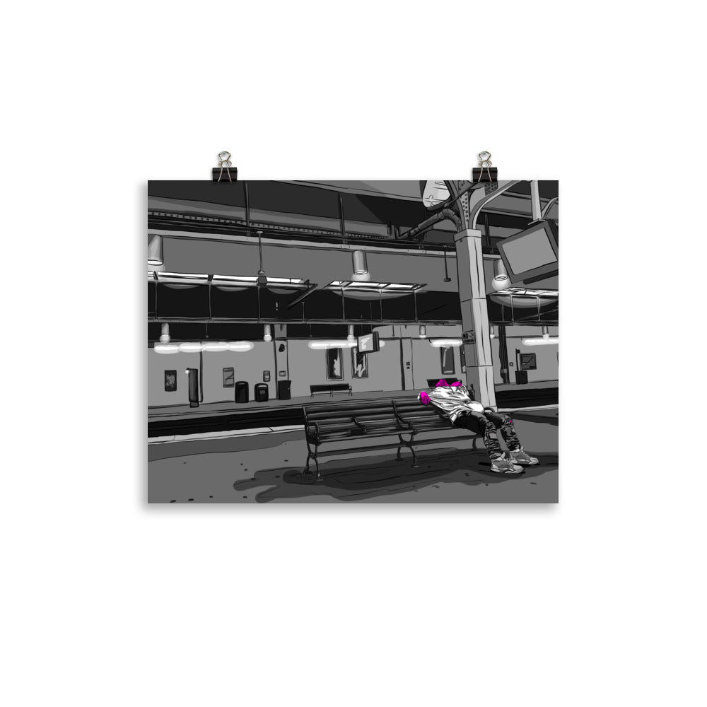 Man Sleeping on Amtrak Bench, NJ Poster