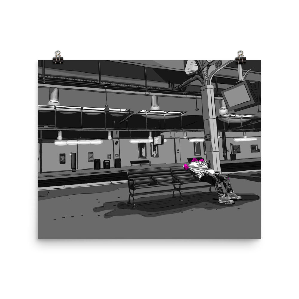 Man Sleeping on Amtrak Bench, NJ Poster