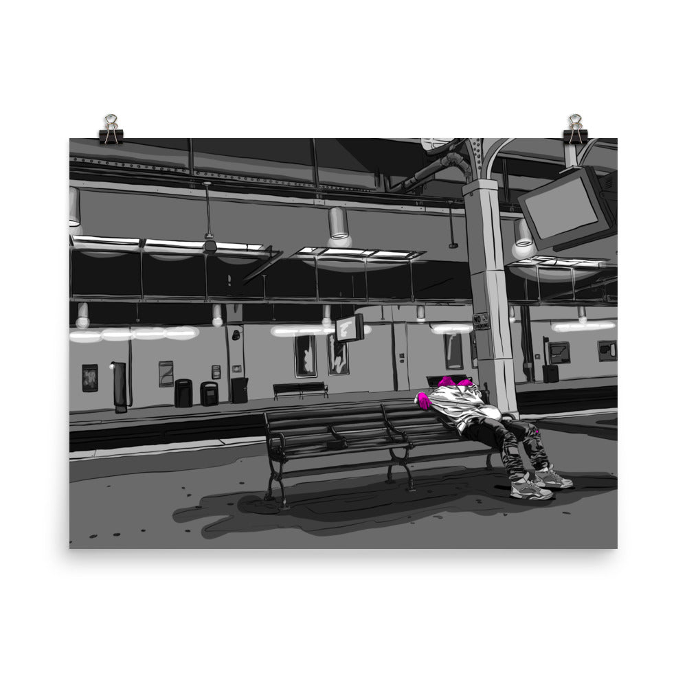 Man Sleeping on Amtrak Bench, NJ Poster