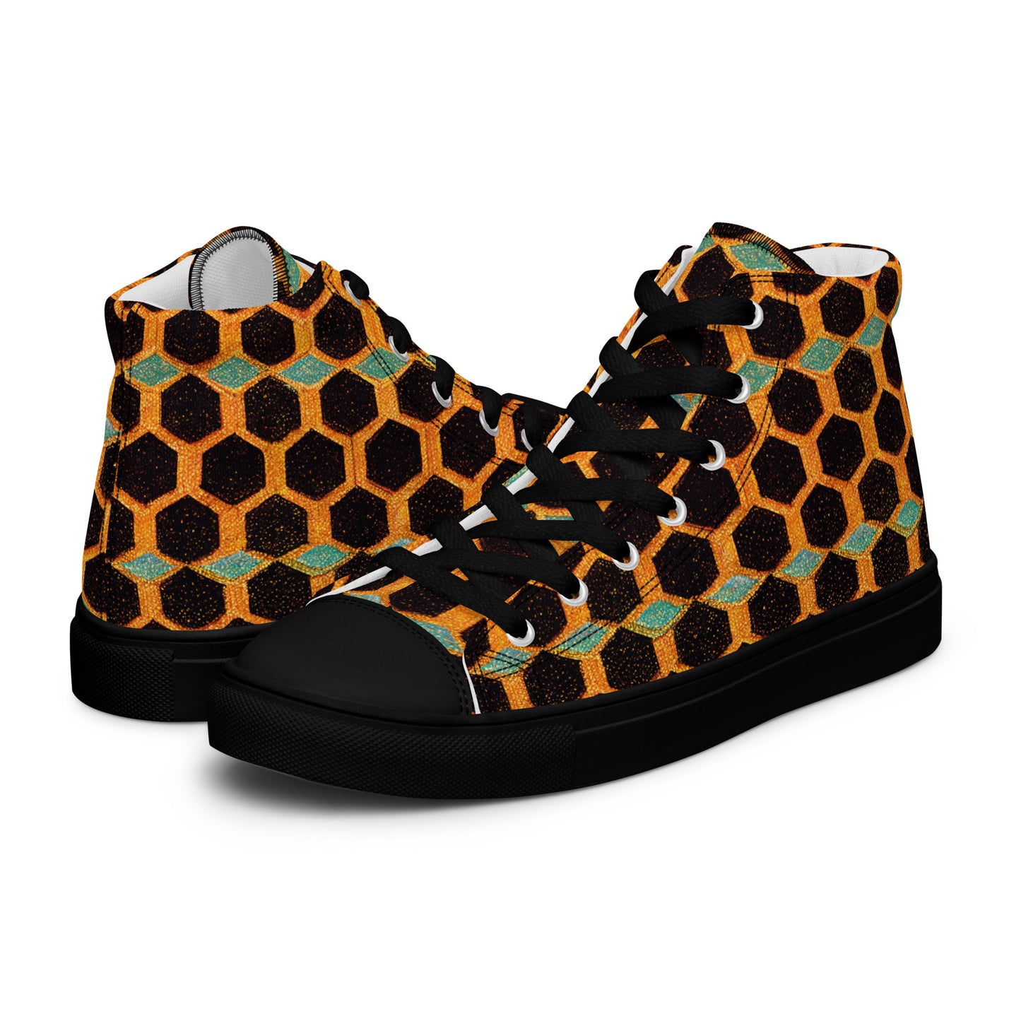 Teal and Gold Bee Bungalow Men’s high top canvas shoes