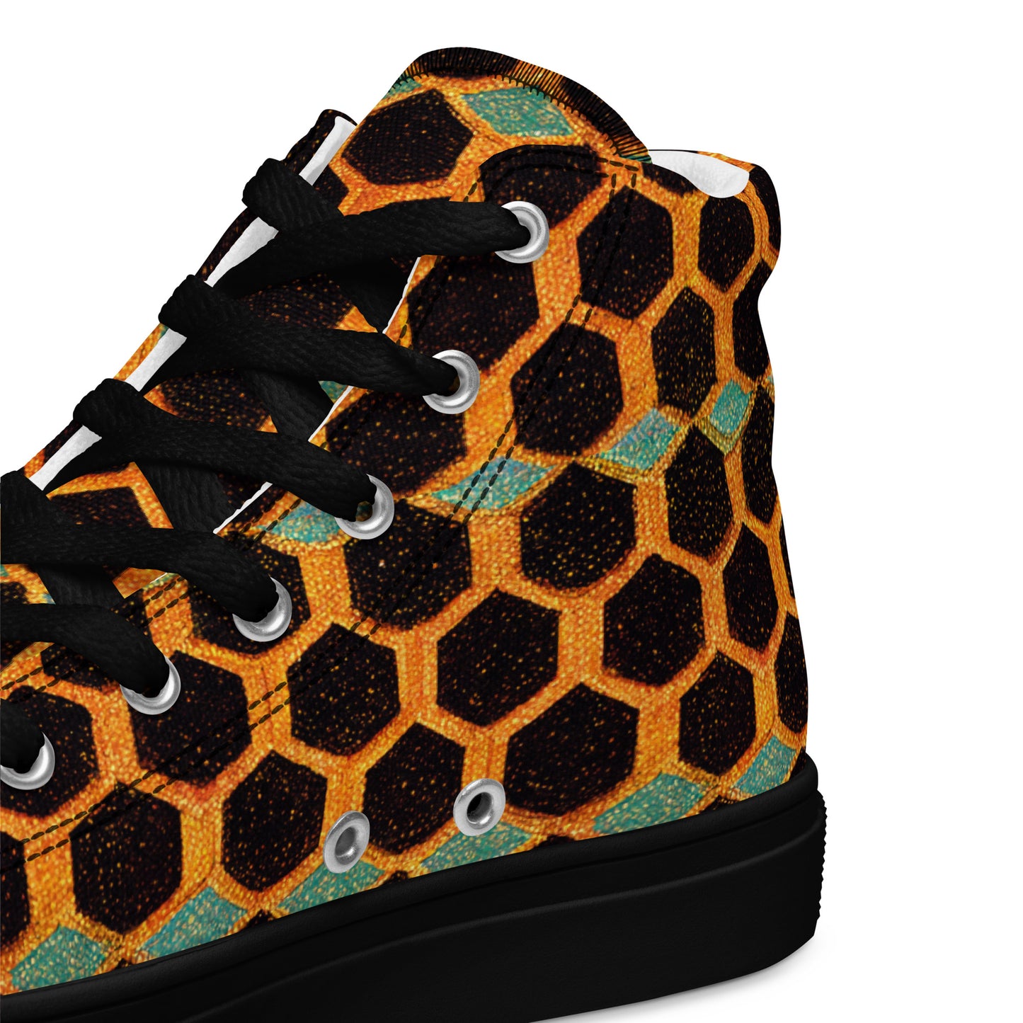 Teal and Gold Bee Bungalow Men’s high top canvas shoes