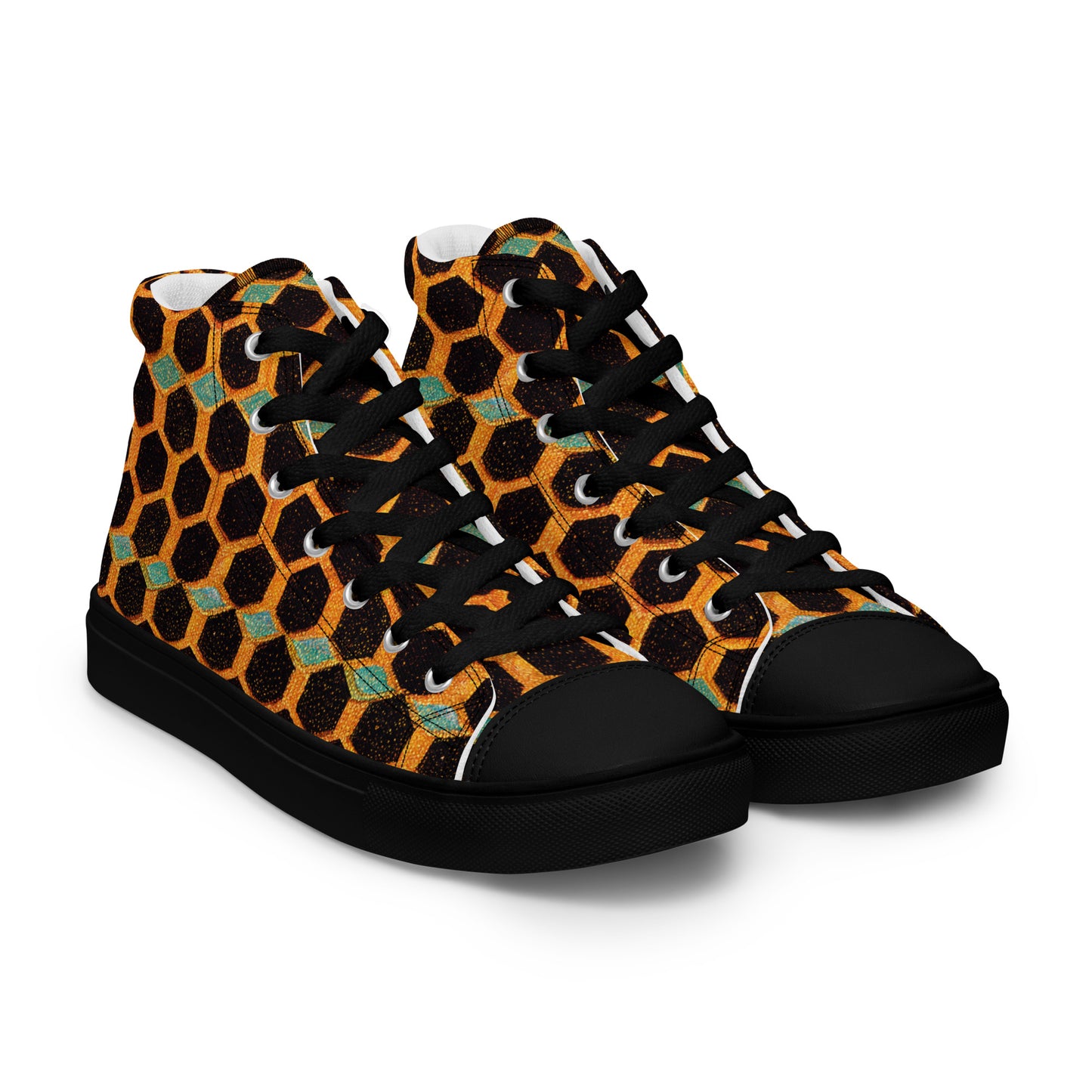 Teal and Gold Bee Bungalow Men’s high top canvas shoes