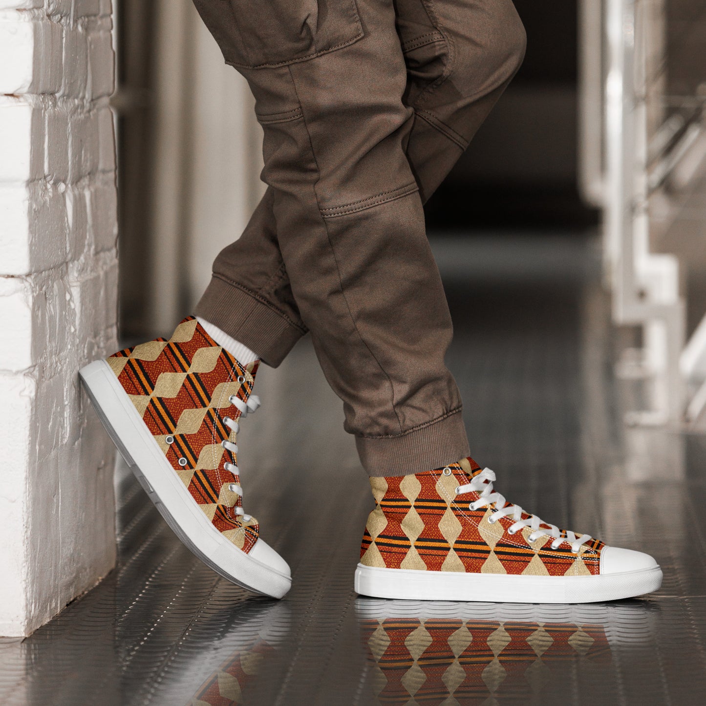 Tribal Tranquility in Neutrals Men’s high top canvas shoes