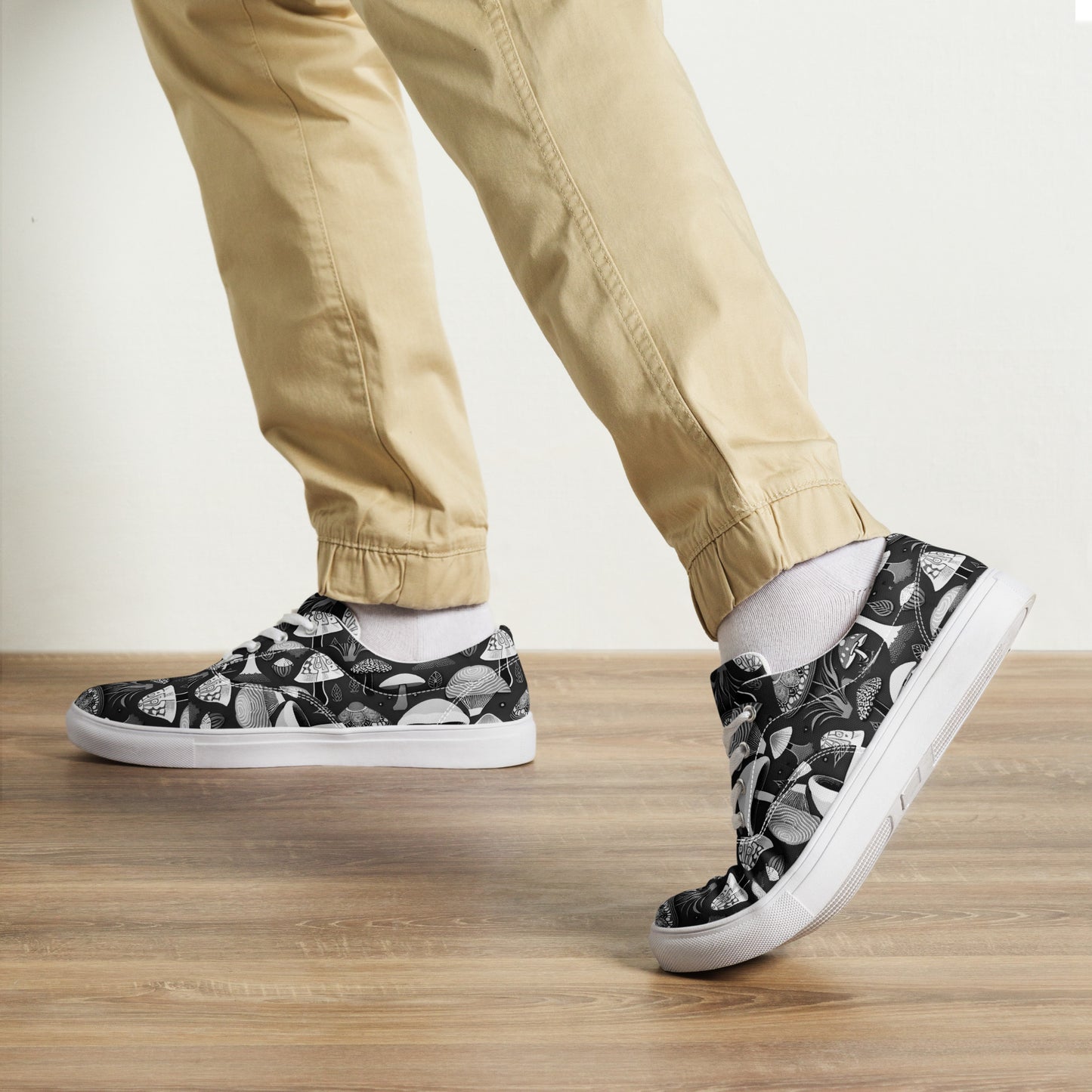 Whimsical Mushrooms in B&W Men’s lace-up canvas shoes