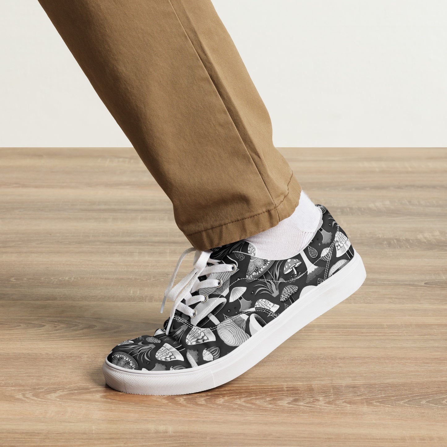 Whimsical Mushrooms in B&W Men’s lace-up canvas shoes