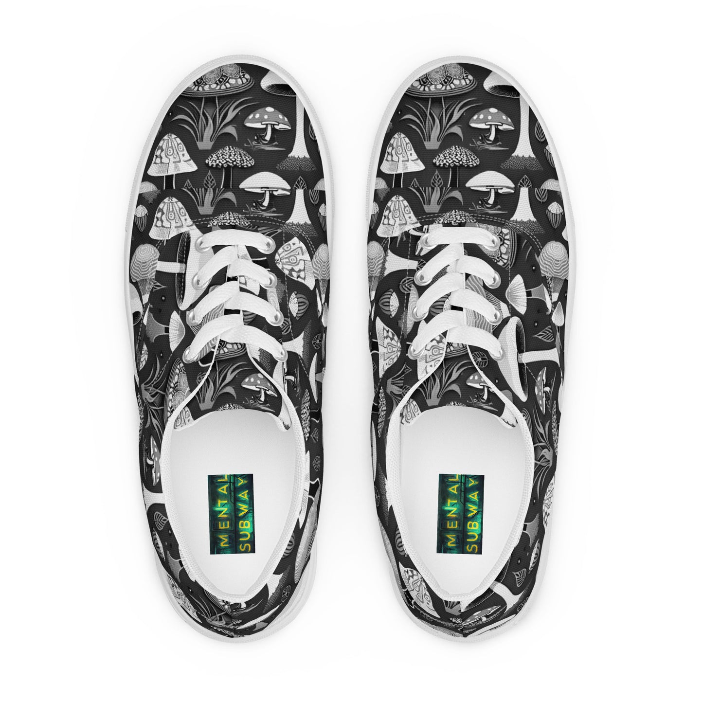 Whimsical Mushrooms in B&W Men’s lace-up canvas shoes