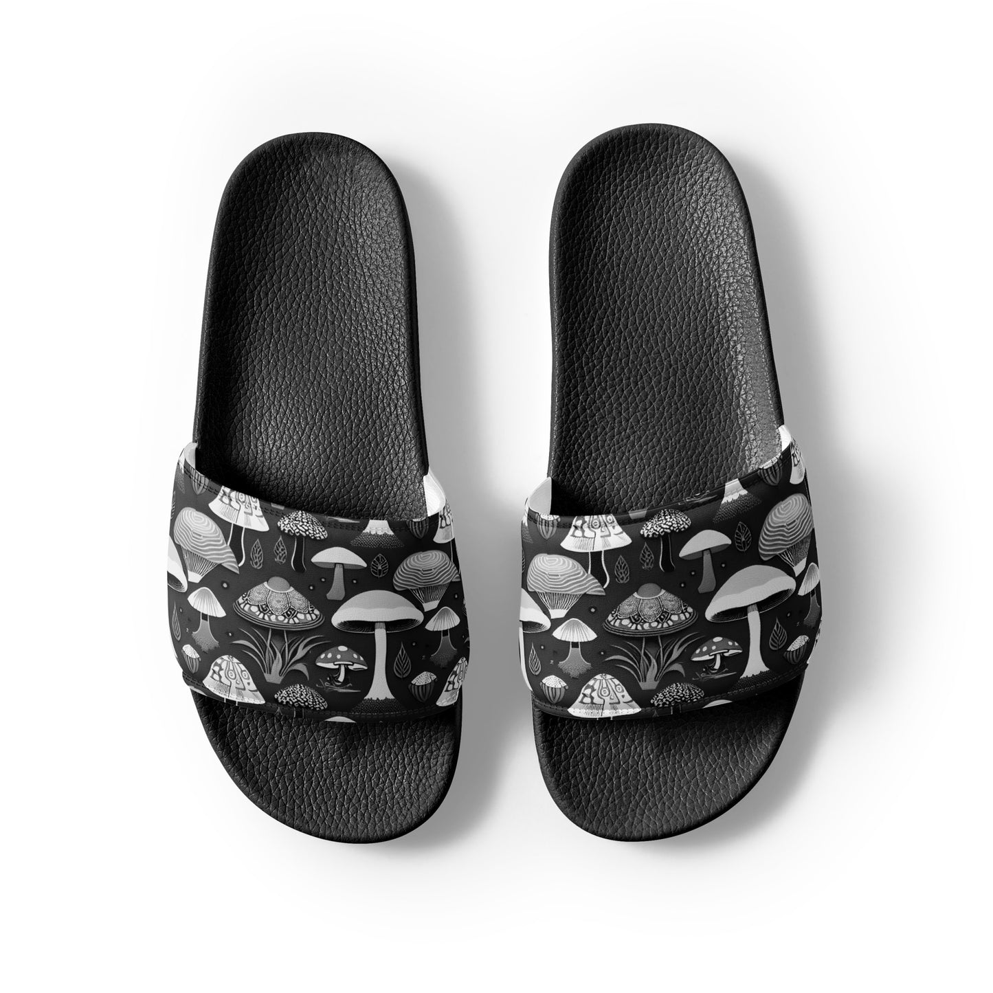 Whimsical Mushrooms in B&W Men’s slides