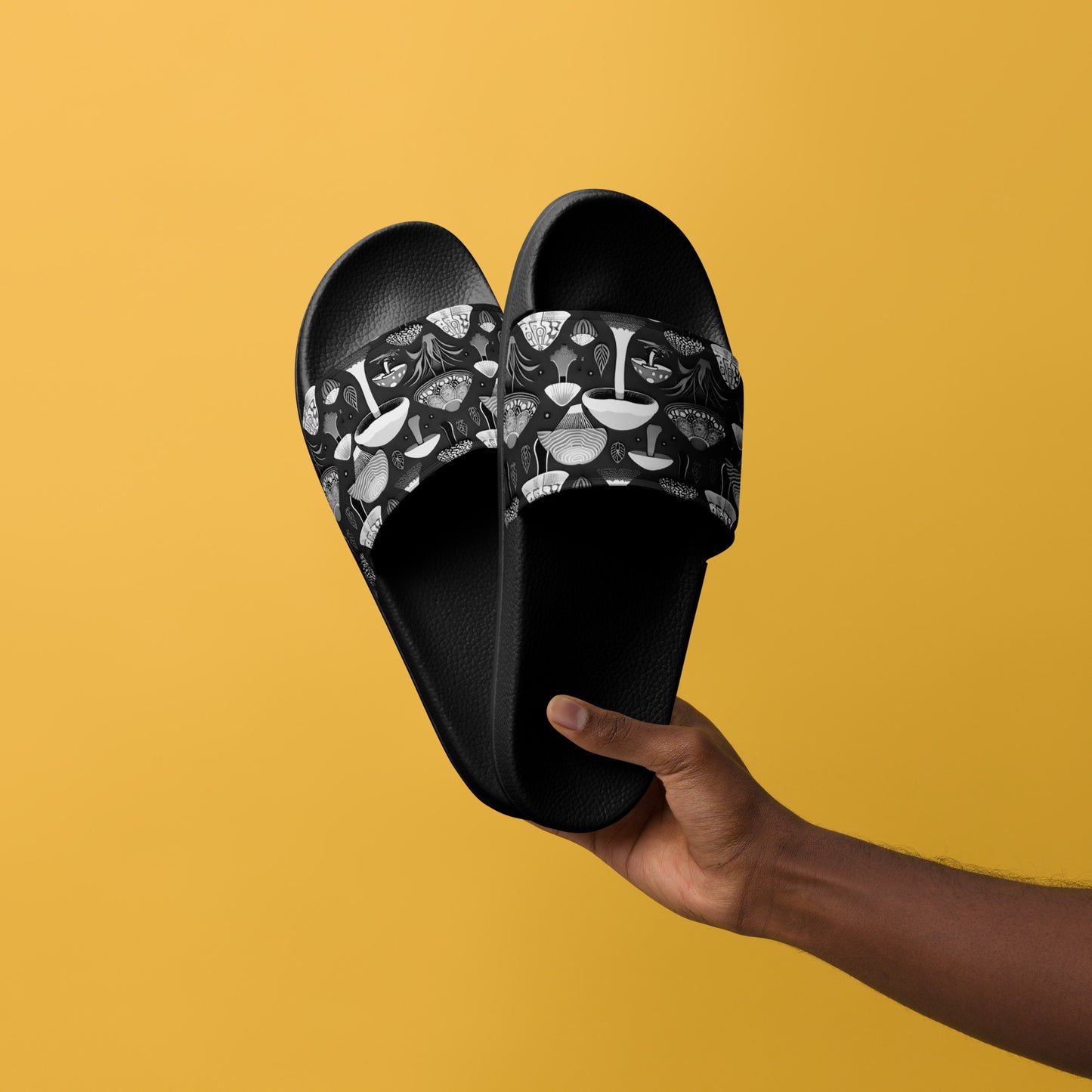 Whimsical Mushrooms in B&W Men’s slides