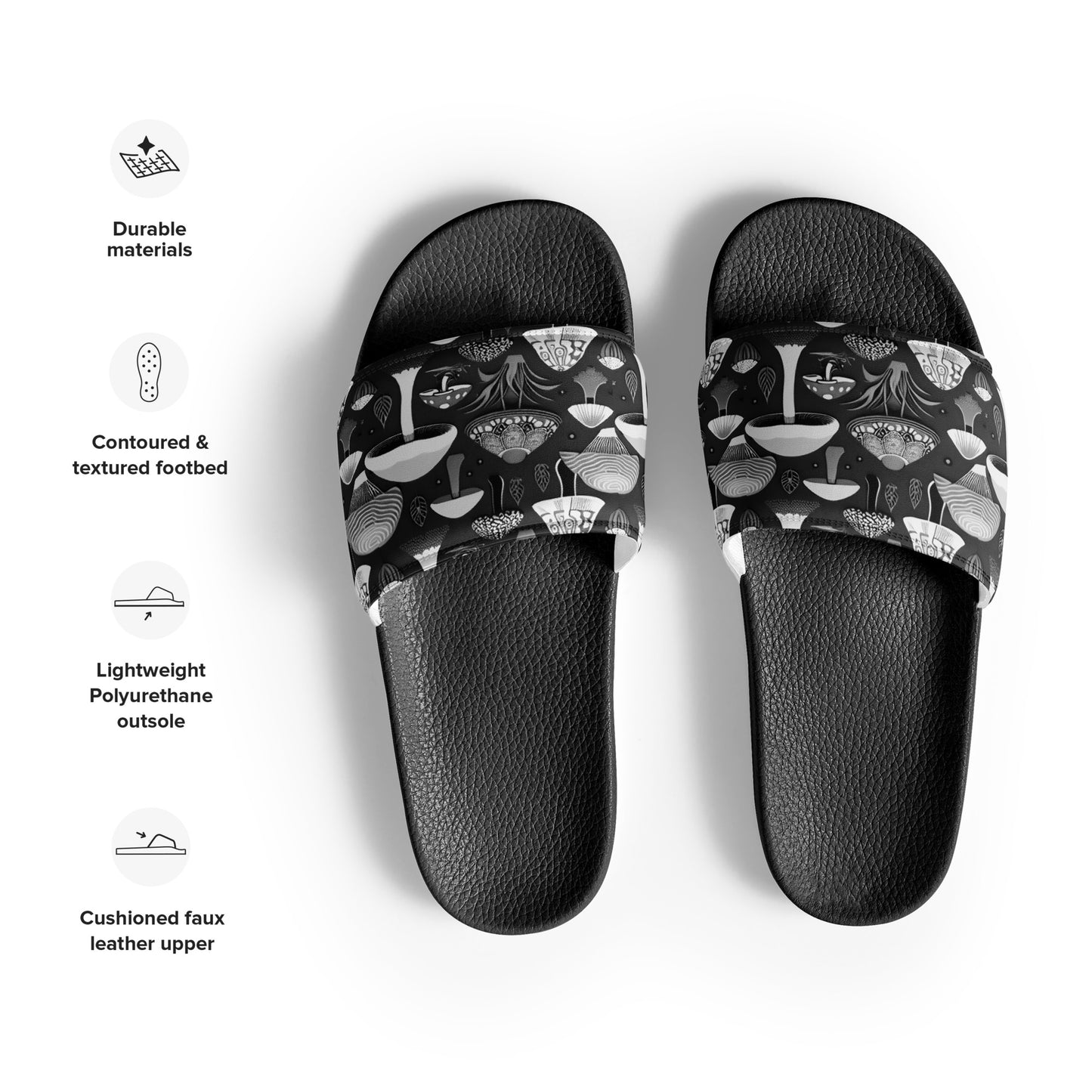 Whimsical Mushrooms in B&W Men’s slides