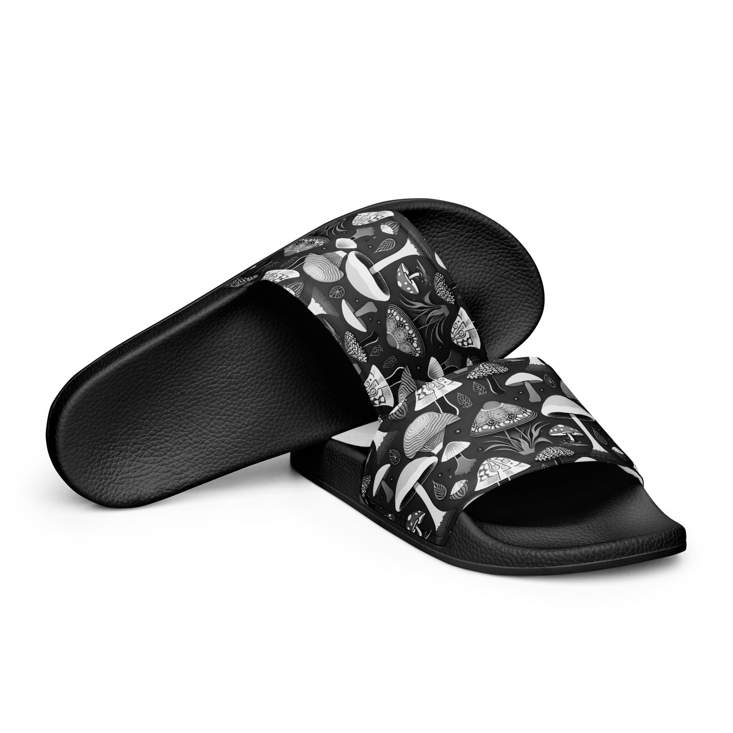 Whimsical Mushrooms in B&W Men’s slides